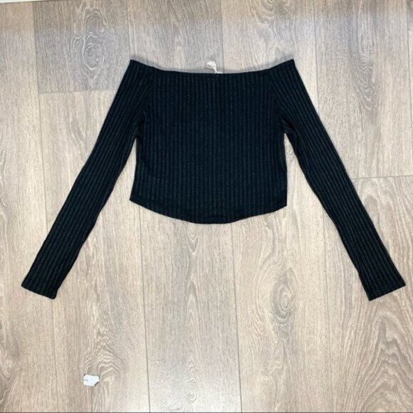 Revolve LNA Off the Shoulders Cropped Top Ribbed Knit Long Sleeve Black Small - Picture 2 of 16